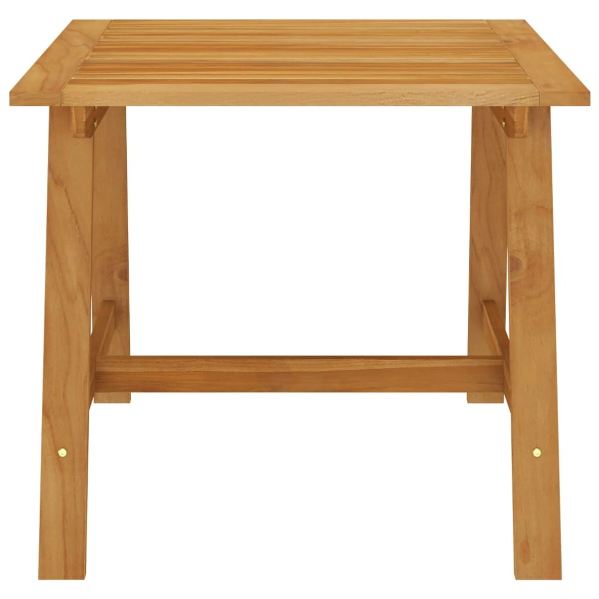 Ein quadratischer Holztisch mit vier Beinen, aus der Vogelperspektive gesehen.