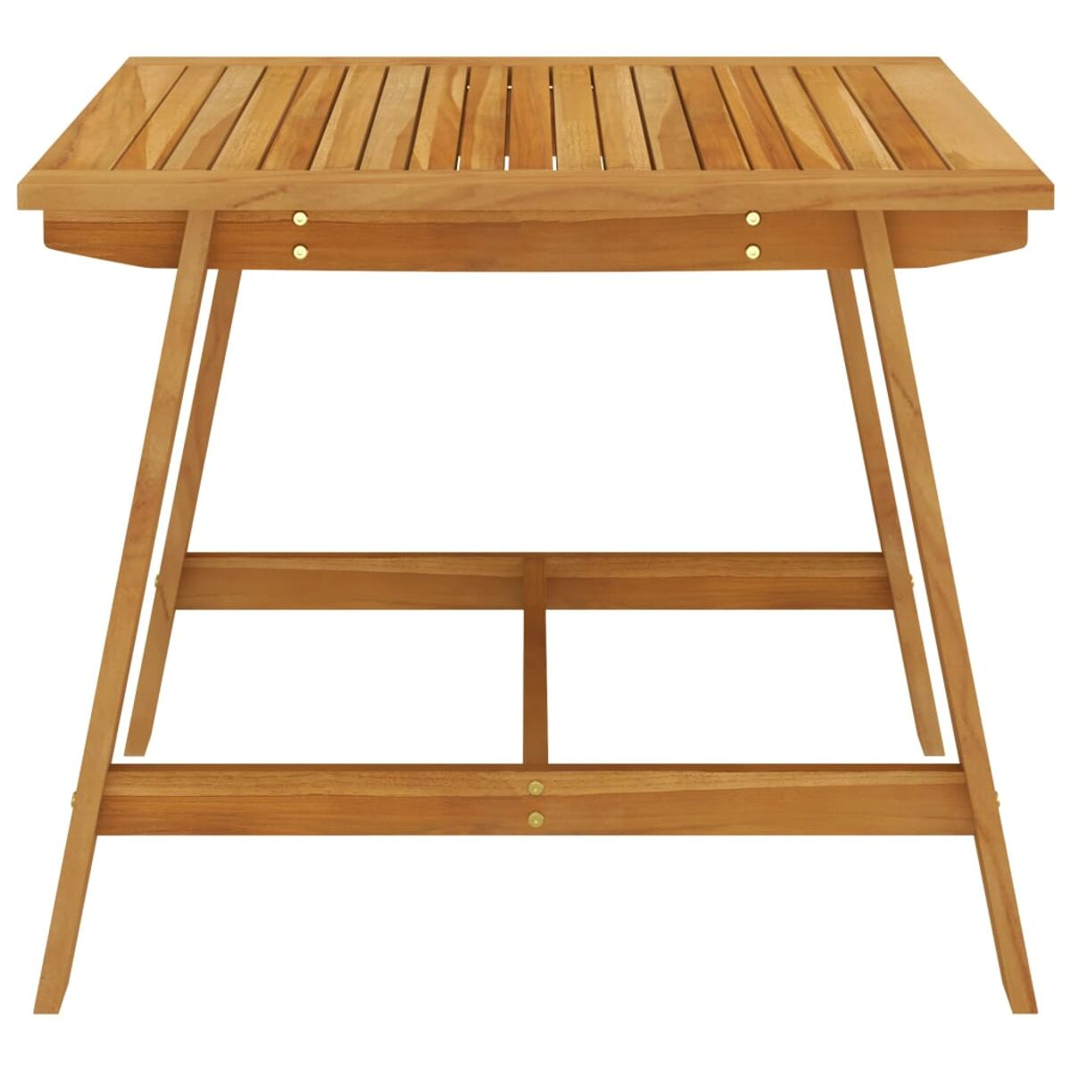 Quadratischer Holztisch mit Lattenrost und schrägen Beinen, von vorne gesehen.