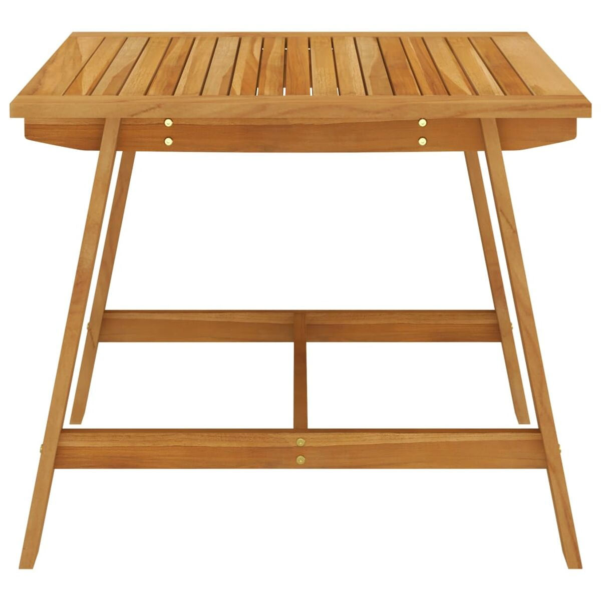 Holztisch für den Außenbereich mit Lamellen. Der Hintergrund ist weiß. Vier Beine.