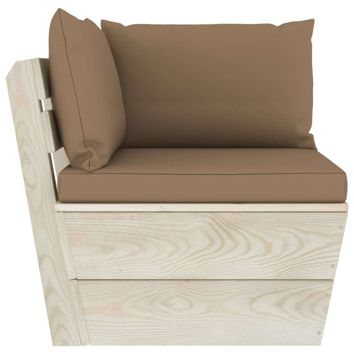 Ein helles, holzfarbenes Ecksofa mit braunem Kissen und Kissen. Isoliert auf Weiß.