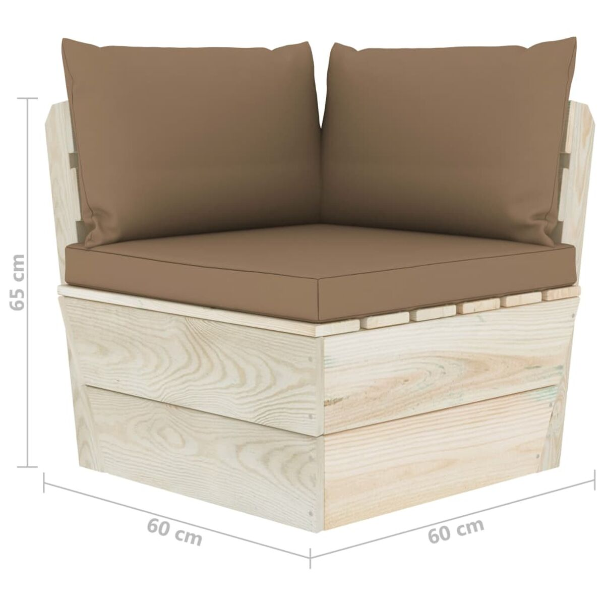 Ecksofa aus Holz. Braune Kissen. Maße: 60cm x 60cm x 65cm. Weißer Hintergrund.