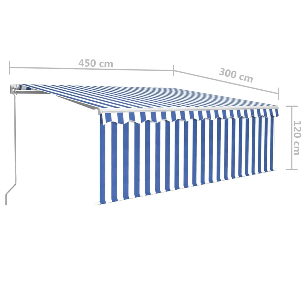 Blau-weiß gestreifte Markise mit Abmessungen: 450cm x 300cm x 120cm.