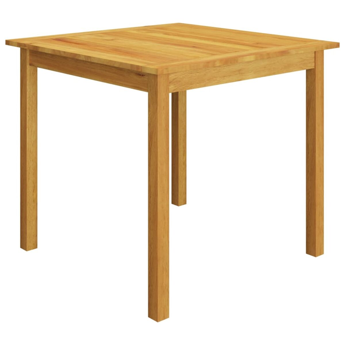 Ein quadratischer Holztisch mit vier Beinen, von vorne betrachtet.