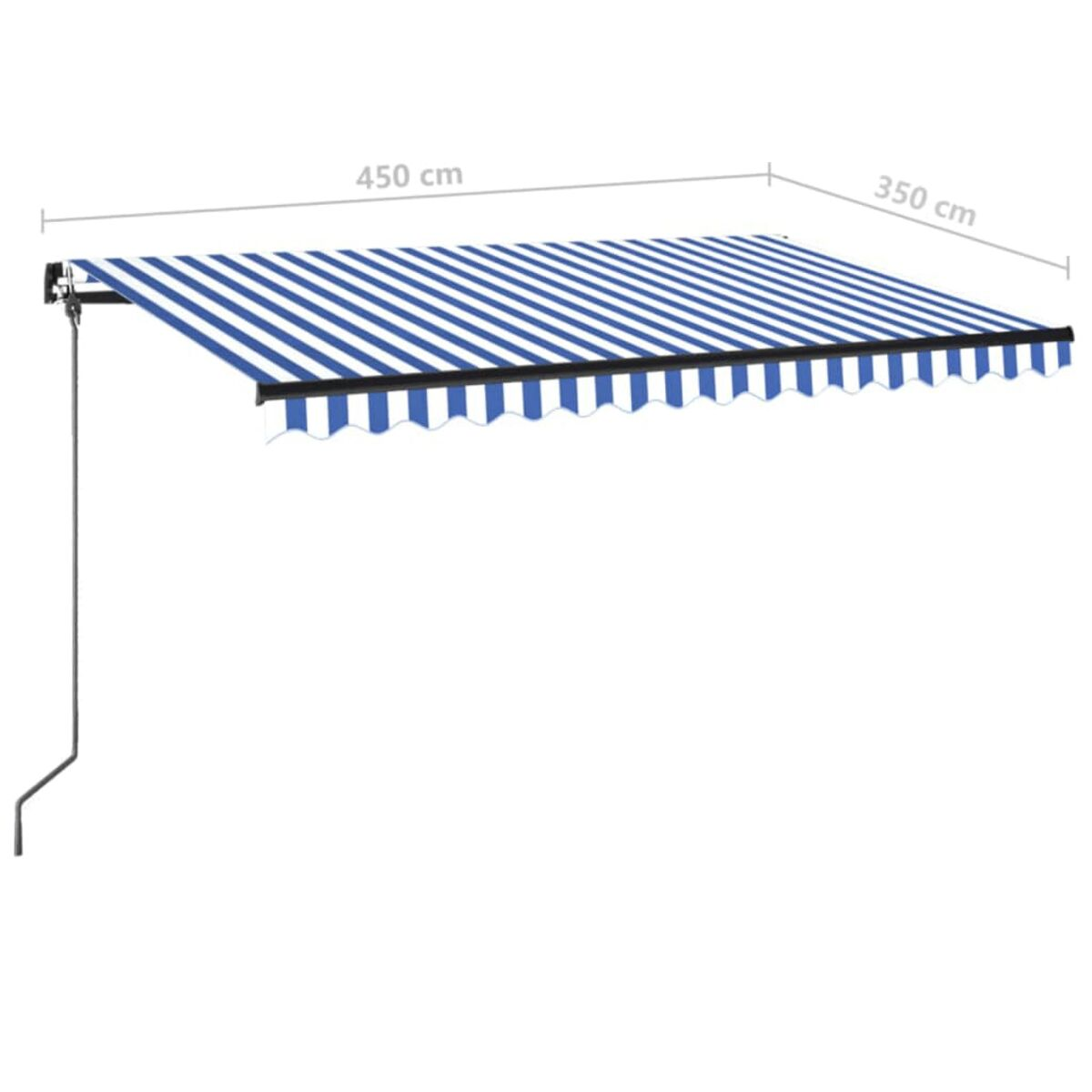 Blau-weiß gestreifte Markise mit den angegebenen Maßen 450 cm und 350 cm.