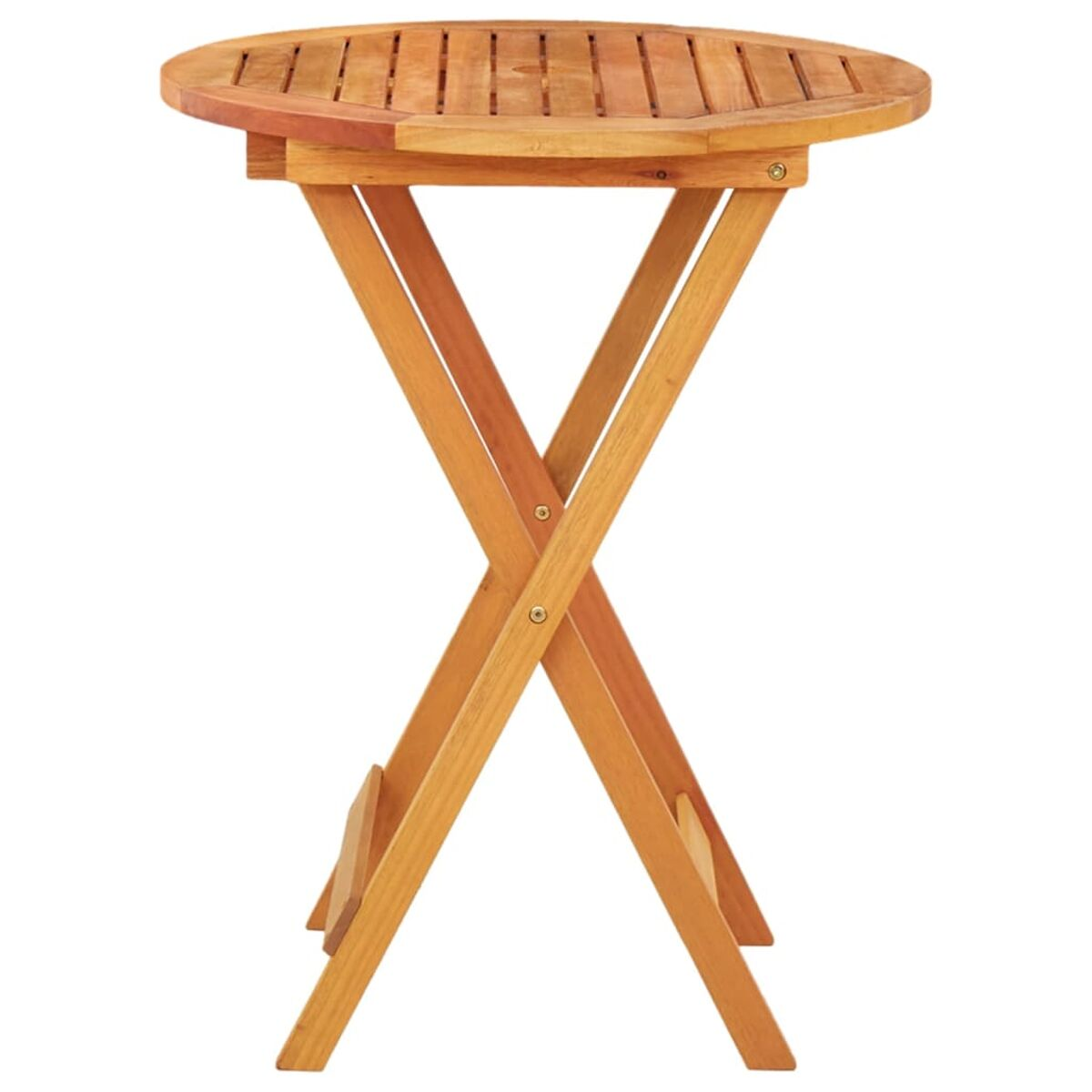 Klapptisch aus Holz mit runder Tischplatte. Die Beine bilden ein X.