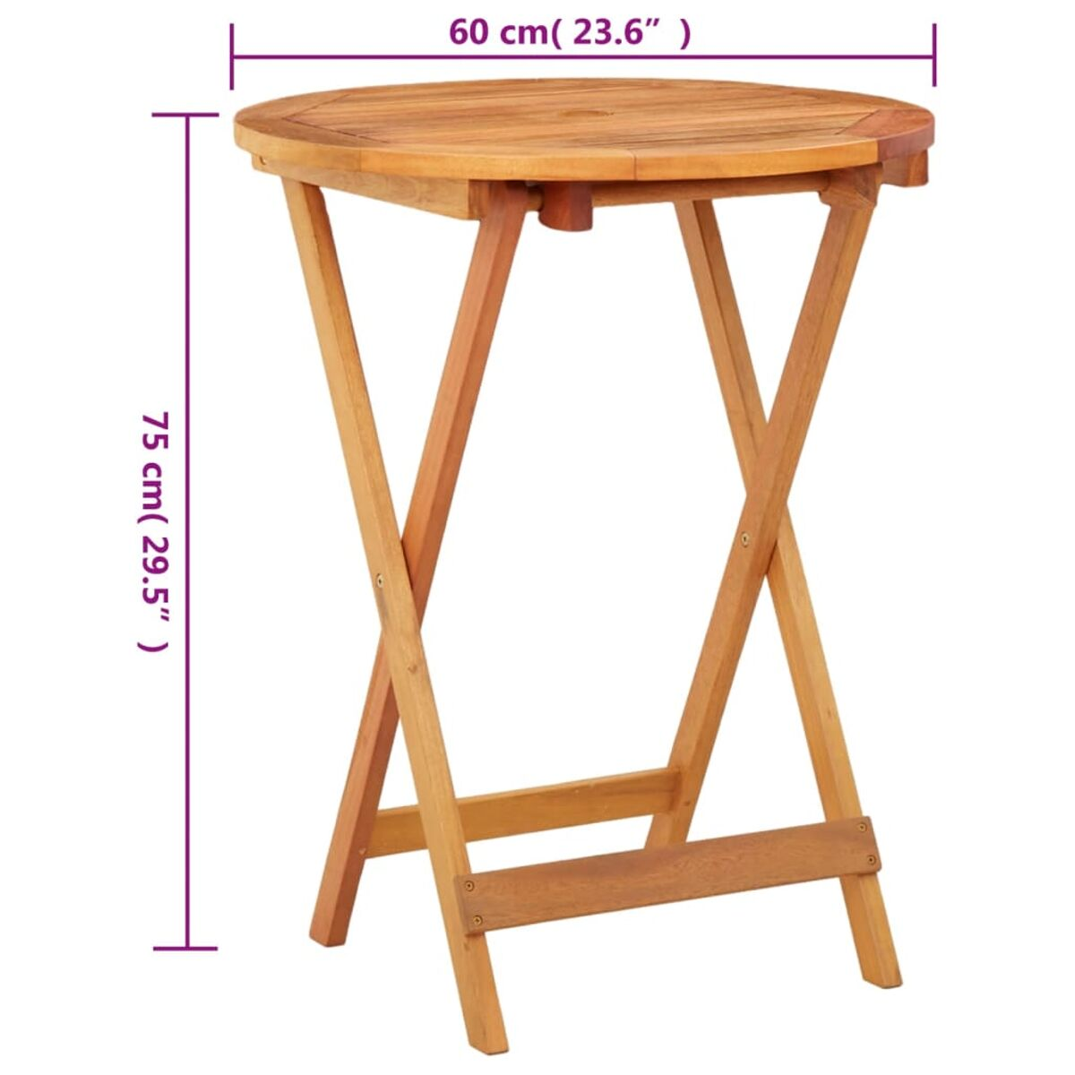 Kleiner hölzerner Klapptisch, runde Oberseite, mit angegebenen Abmessungen.