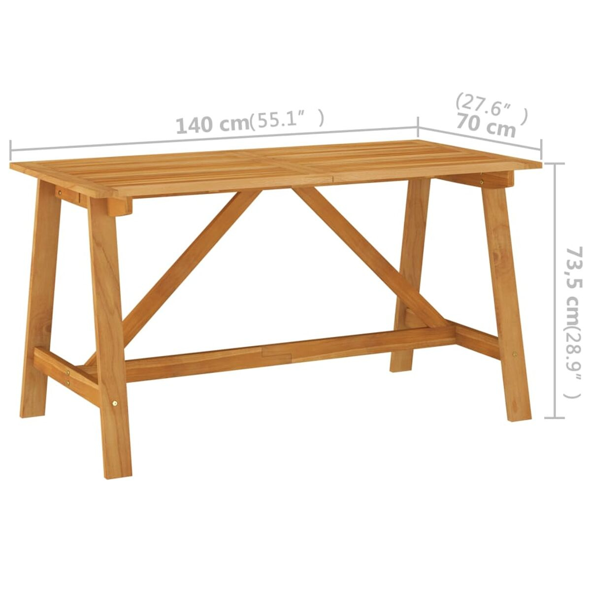 Ein Holztisch mit beschrifteten Abmessungen. Er hat eine rechteckige Platte und angewinkelte Beine.