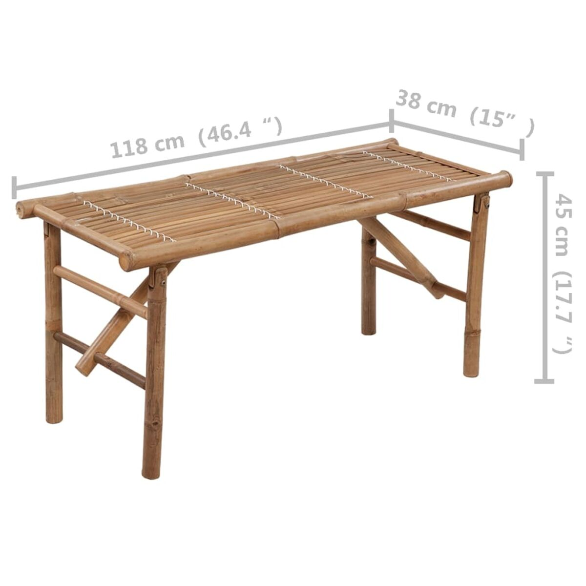 Ein Bambustisch mit Maßen. Er ist 118 cm lang, 38 cm breit und 45 cm hoch, vor weißem Hintergrund.