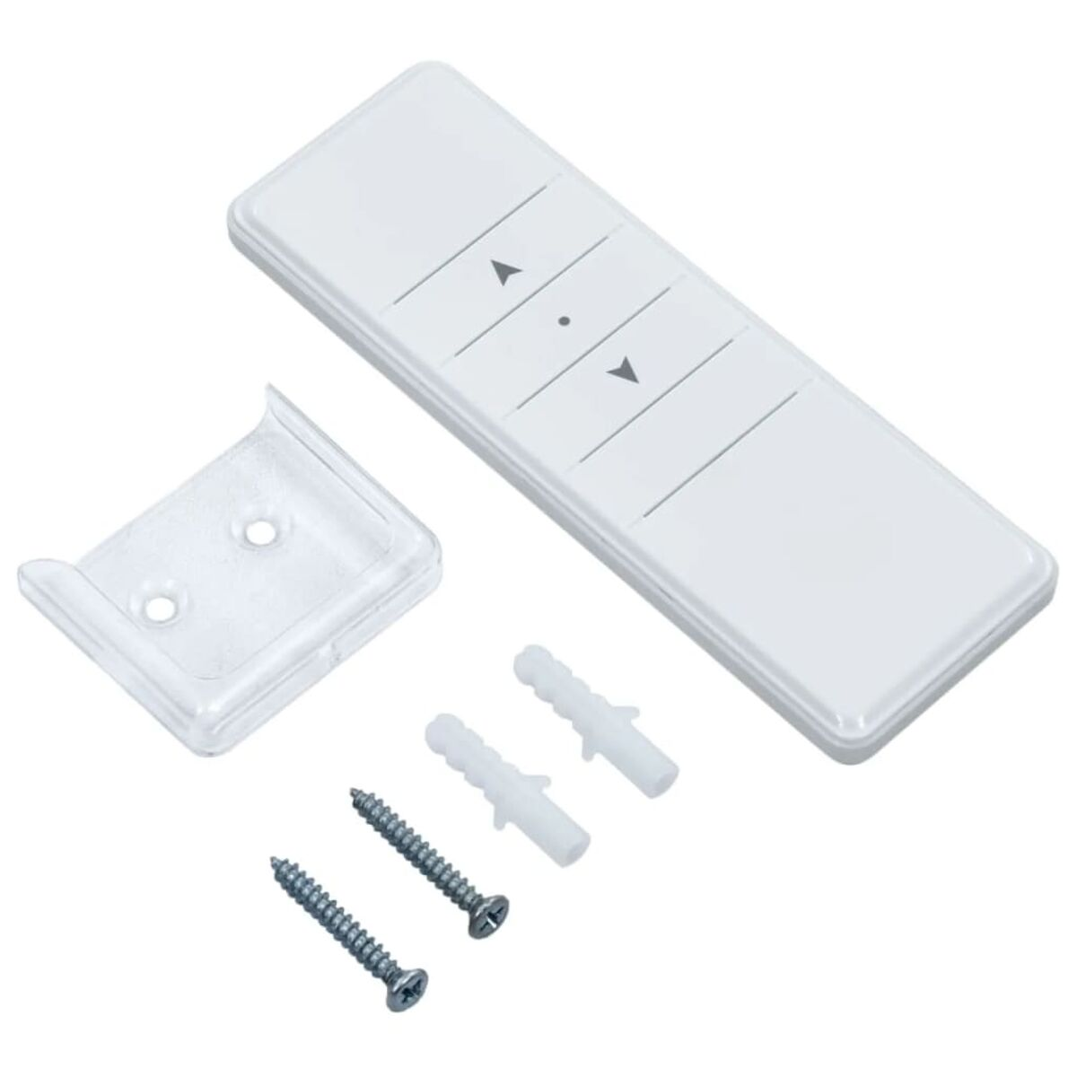 Weiße Fernbedienung mit Befestigungsmaterial. Enthält Schrauben und Wandanker.