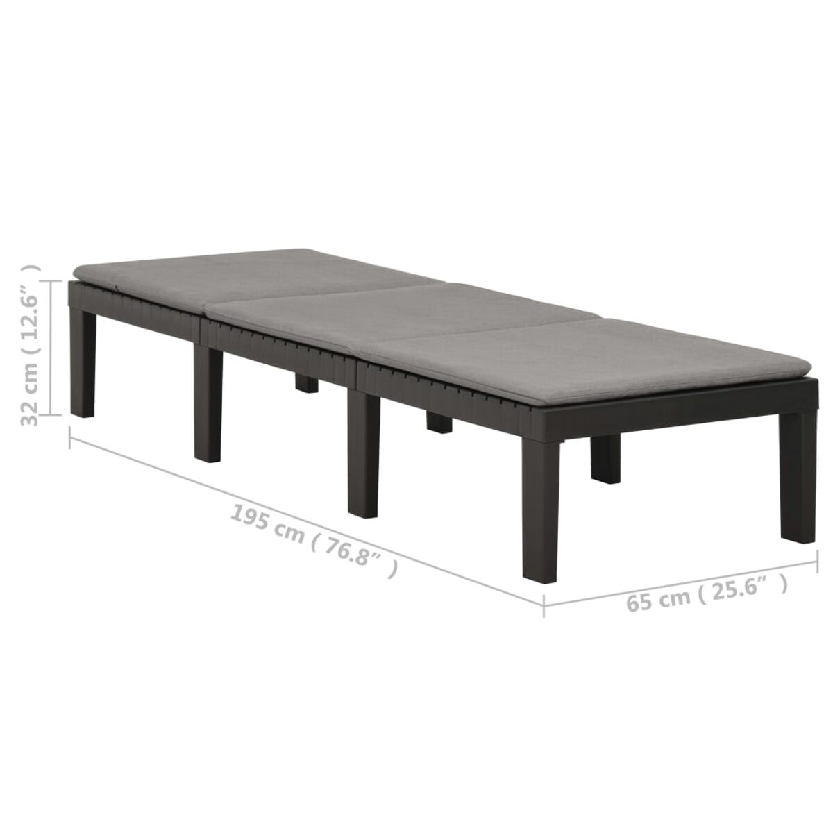 Outdoor-Tagesbett mit grauen Kissen und schwarzem Rahmen. Die Abmessungen werden angezeigt.