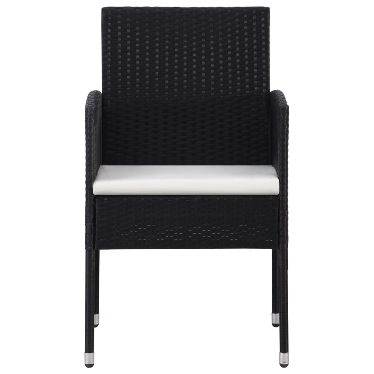 Sedia in vimini nera con cuscino bianco e braccioli, vista frontale.