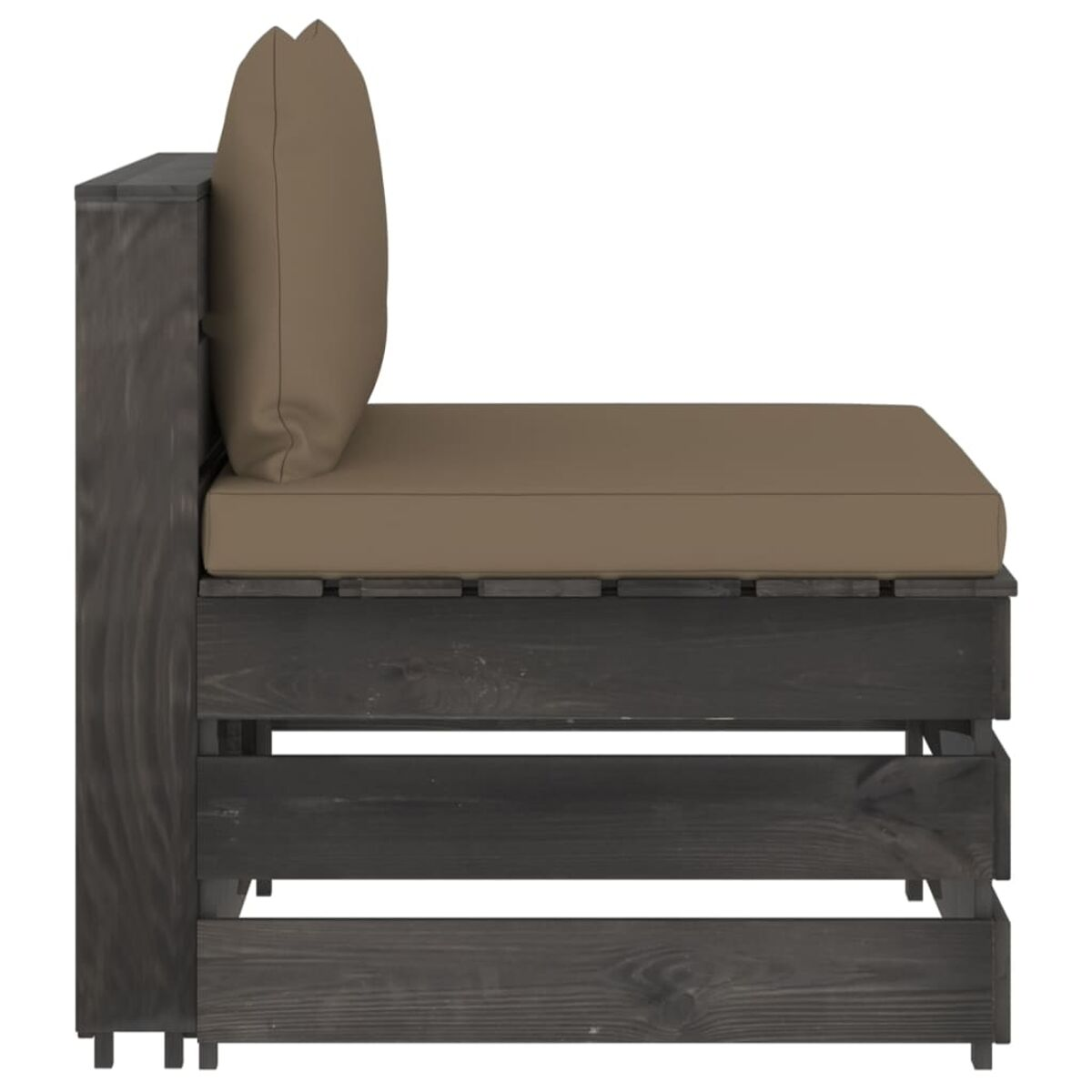 Dunkelgraues Palettensofa aus Holz. Braunes Kissen und Kissen auf dem Sitz.