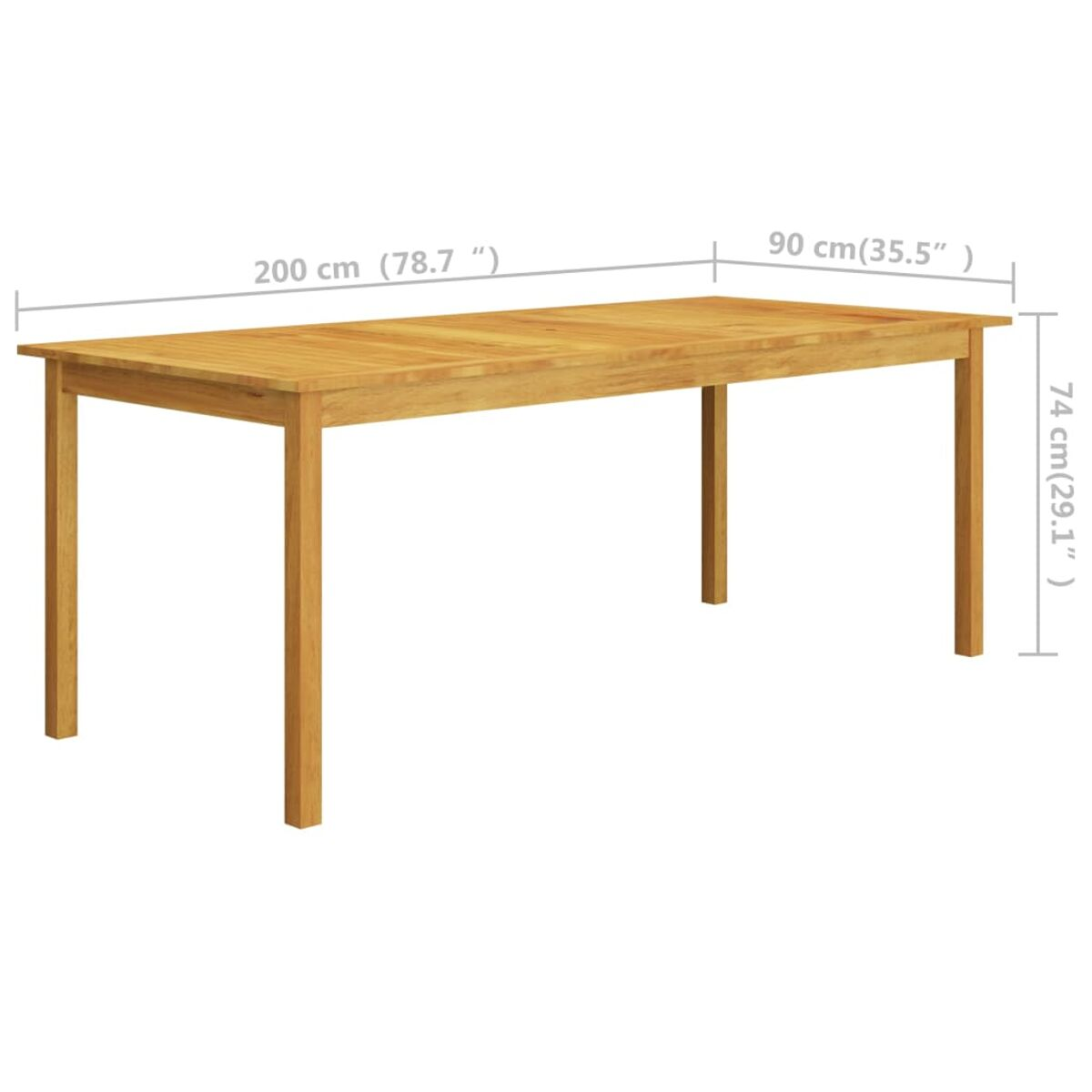 Rechteckiger Holztisch mit Abmessungen. Braune Farbe, vier Beine, ein weißer Hintergrund.