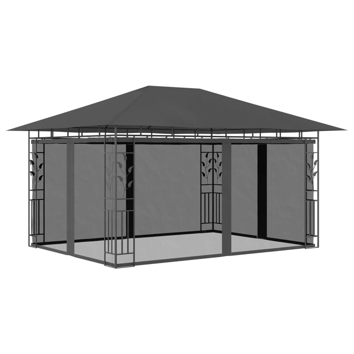 Grauer Pavillon mit dunklem Dach, Netz und dekorativen Metalldetails.