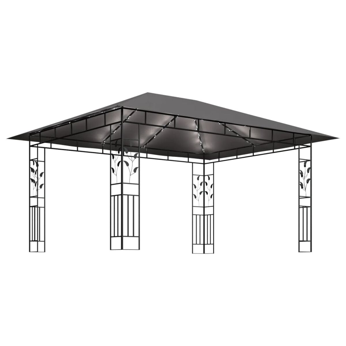 Schwarzer Metallpavillon mit verschnörkeltem Blattdesign. Weißer Hintergrund.