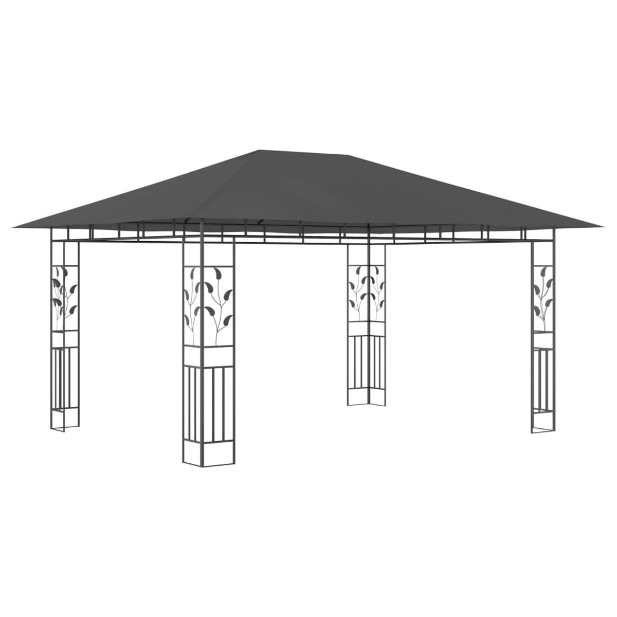 Ein dunkler Pavillon mit spitzem Dach und dekorativen Seitenwänden mit Blattmotiven.