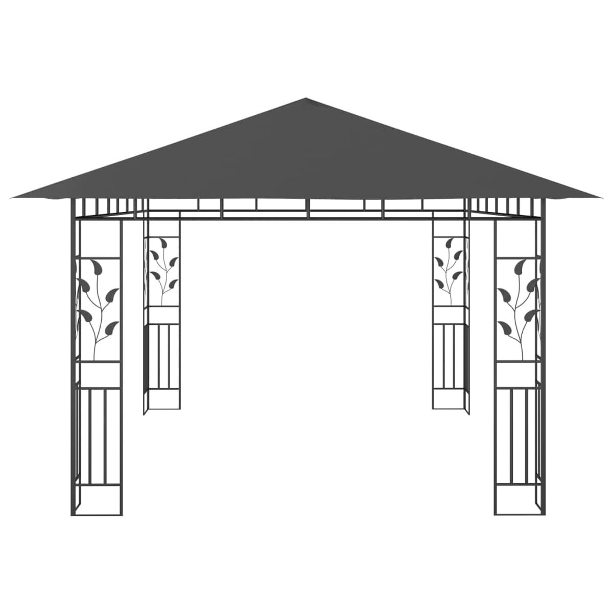 Schwarzer Metallpavillonrahmen mit Blattdesign. Ein Dreiecks-Dach. Weißer Hintergrund.