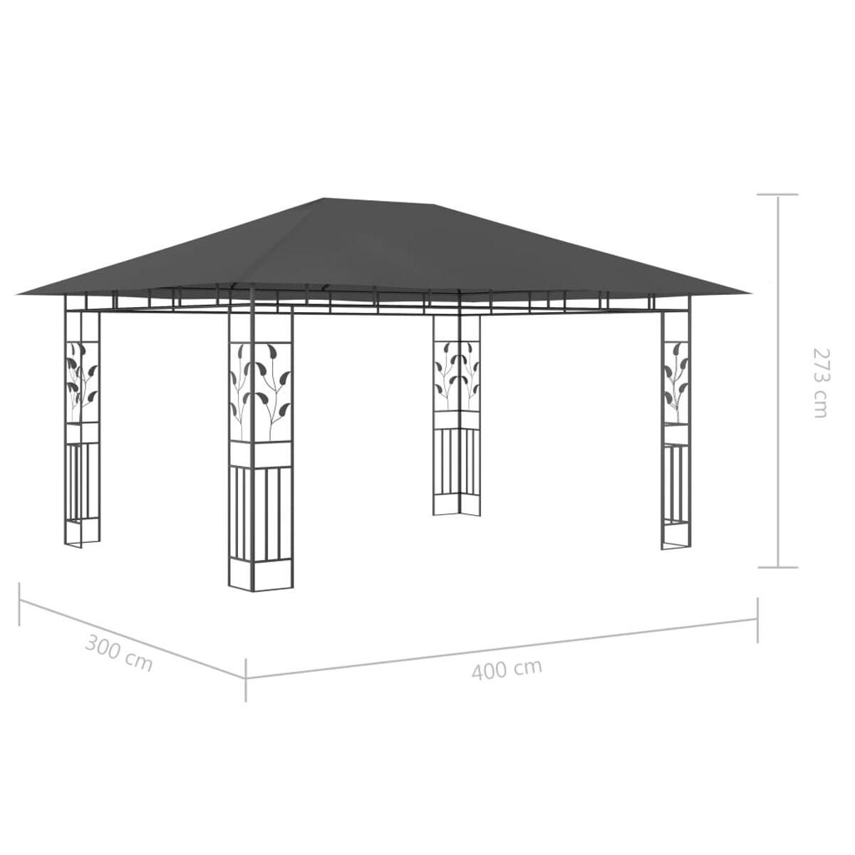 Schwarzer Metallpavillon mit dunkelgrauem Dach. Abmessungen für die Struktur angegeben.