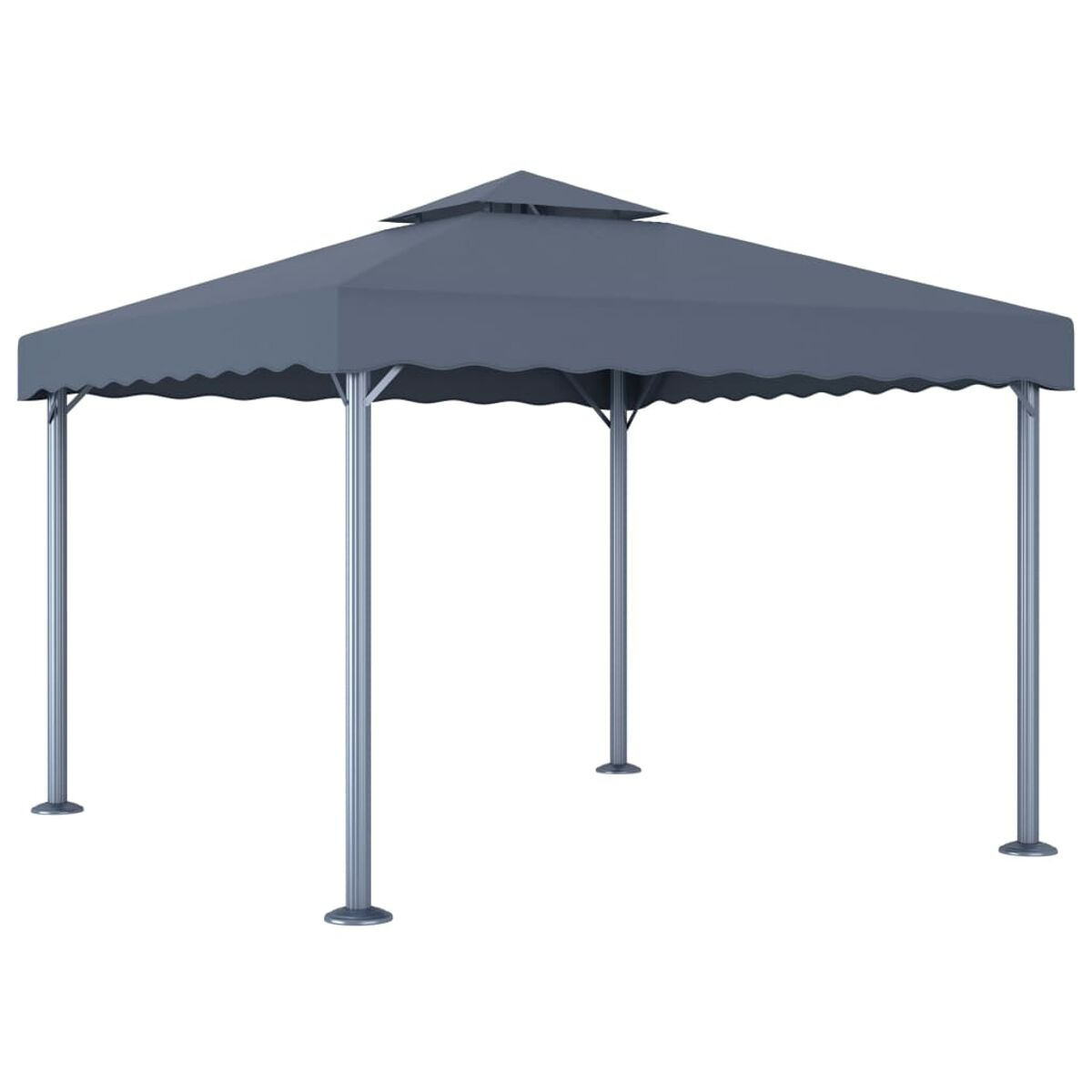 Grauer Pavillon mit gewelltem Dach. Er hat vier Beine und ein schlichtes Design.