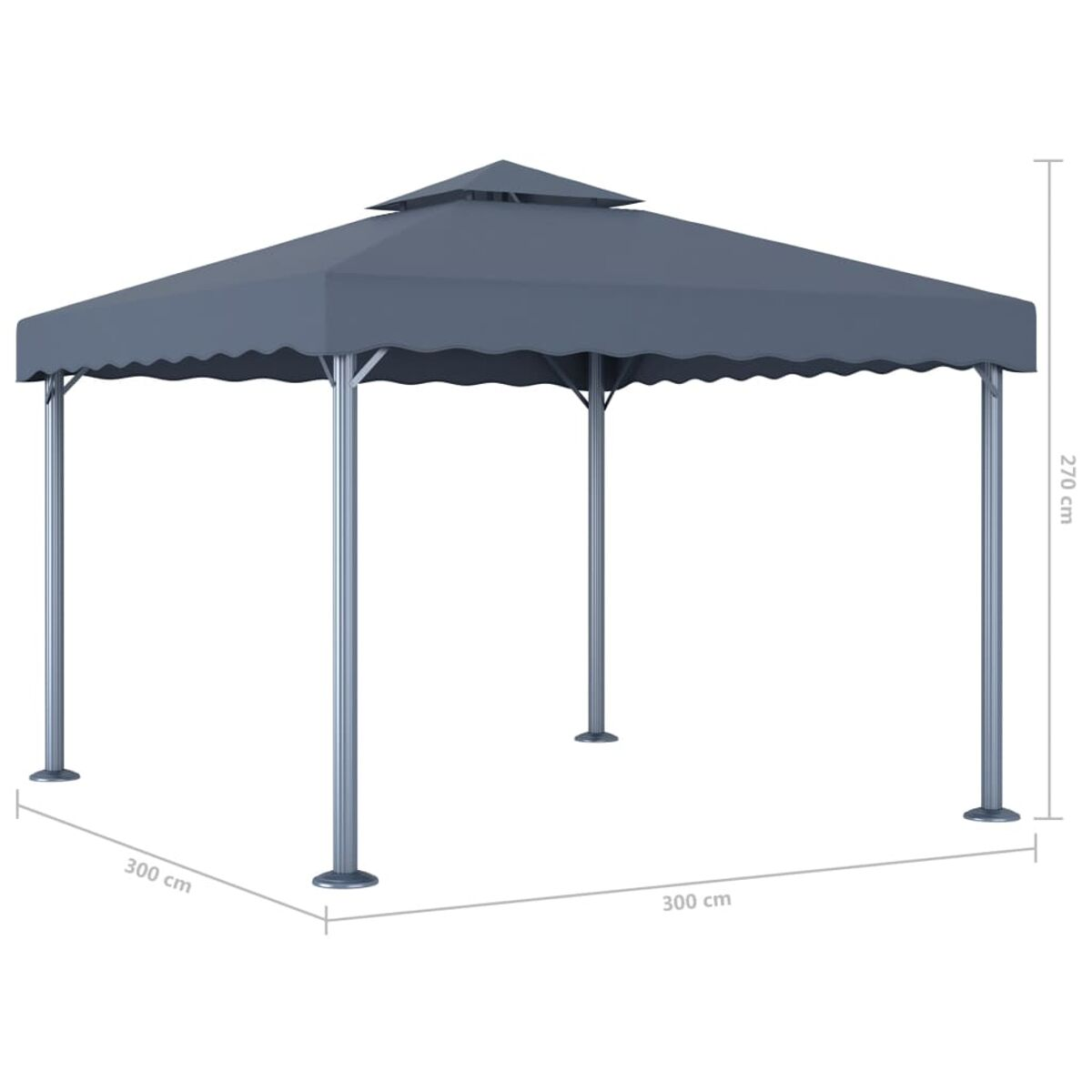Grauer Pavillon mit einem Spitzdach. Die Struktur wird von vier Pfosten getragen.