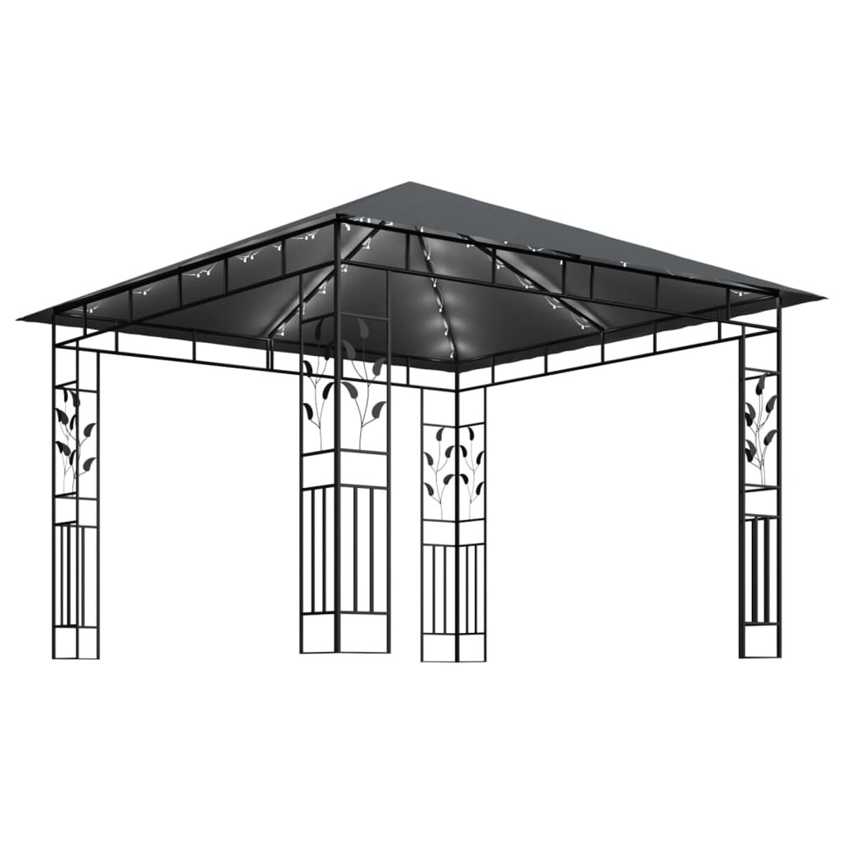 Schwarzer Pavillon mit dunklem Baldachin. Der Rahmen hat Blattmuster.