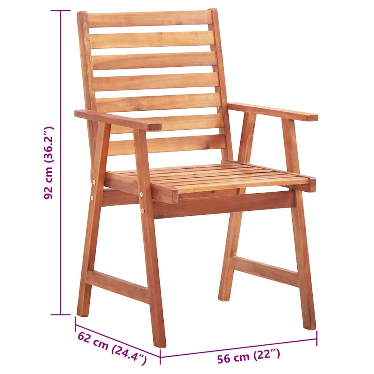 Holzstuhl mit Armlehnen und Lattenrücken und -sitz. Die Abmessungen sind an den Seiten angegeben.