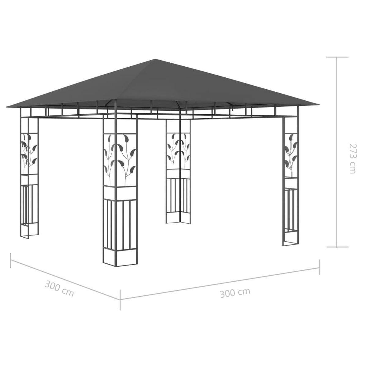 Ein dunkelgrauer Pavillon mit Zierstützen, Maße: 300 cm x 300 cm, 273 cm hoch.