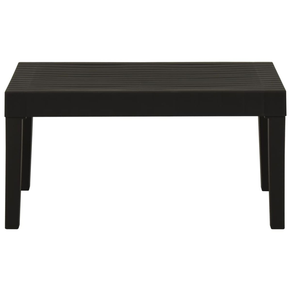 Schwarze Bank mit Lamellenoberfläche und vier Beinen. Einfaches, rechteckiges Design.