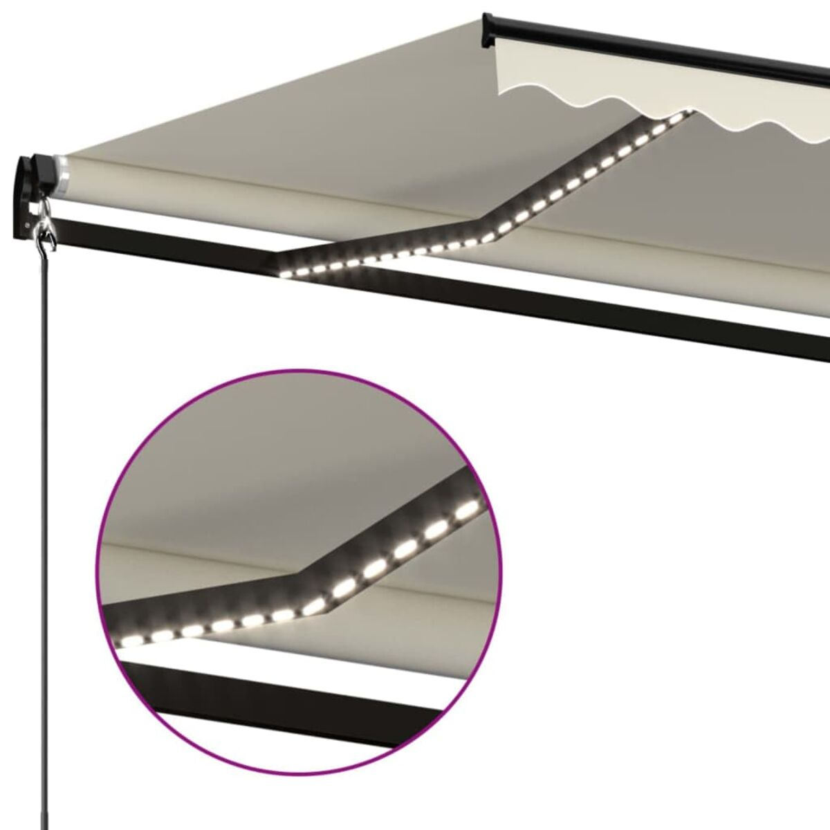 Beige Markise mit LED-Leuchten. Weißer Hintergrund.