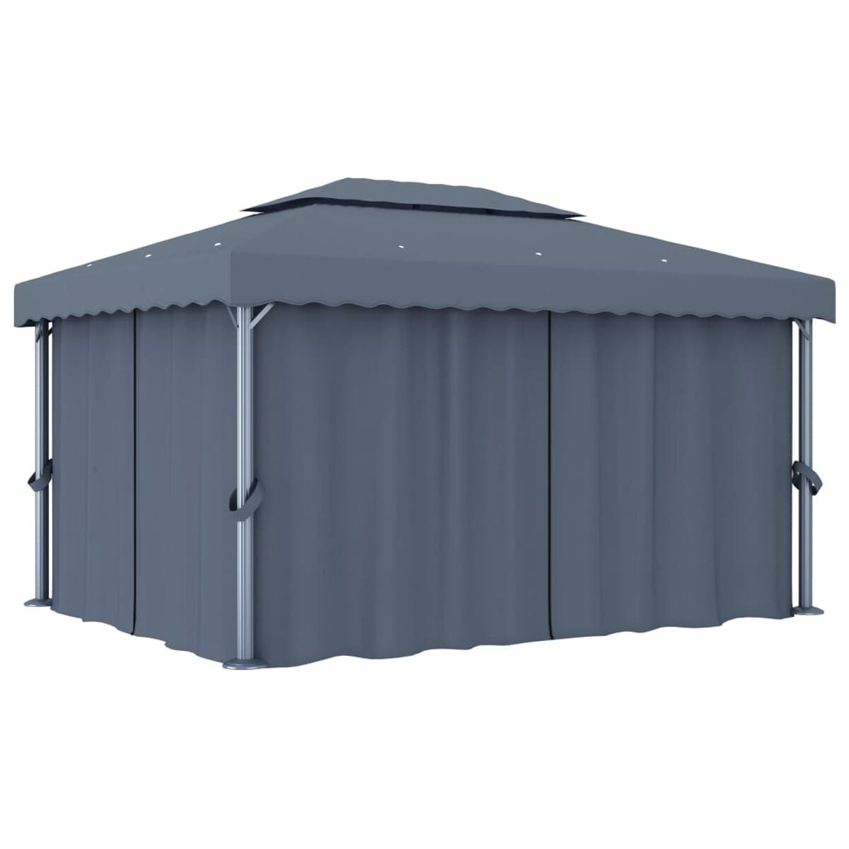 Ein grauer Outdoor-Pavillon mit Vorhängen. Der Pavillon ist quadratisch.