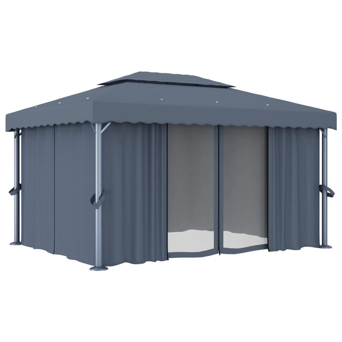 Grauer Pavillon mit Vorhängen, auf weißem Hintergrund.