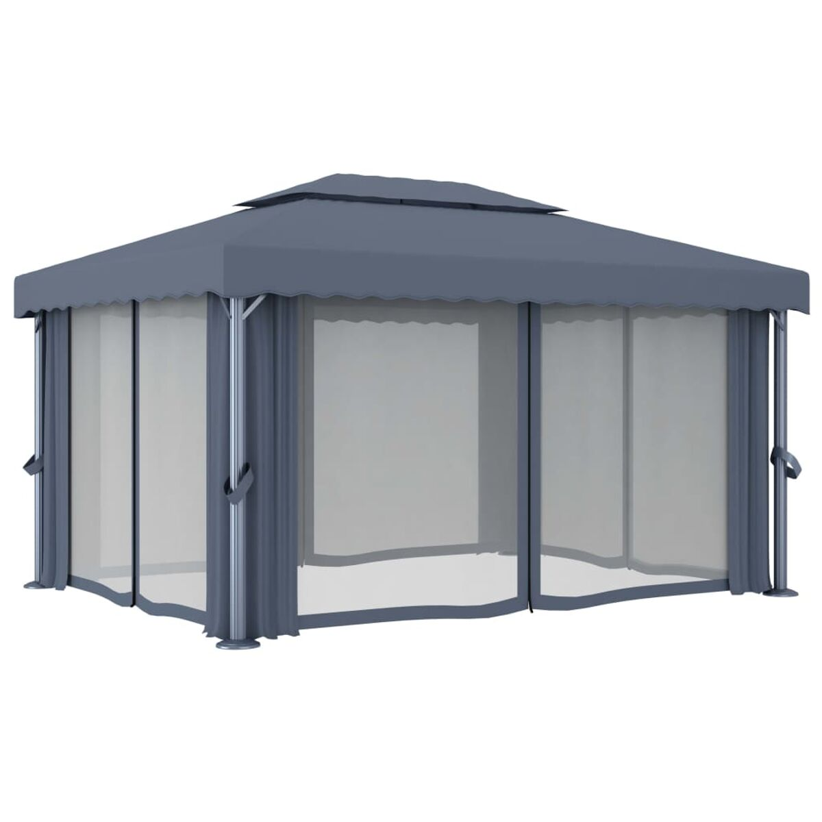 Grauer Pavillon mit weißen Vorhängen und Dach. Rechteckige Form.