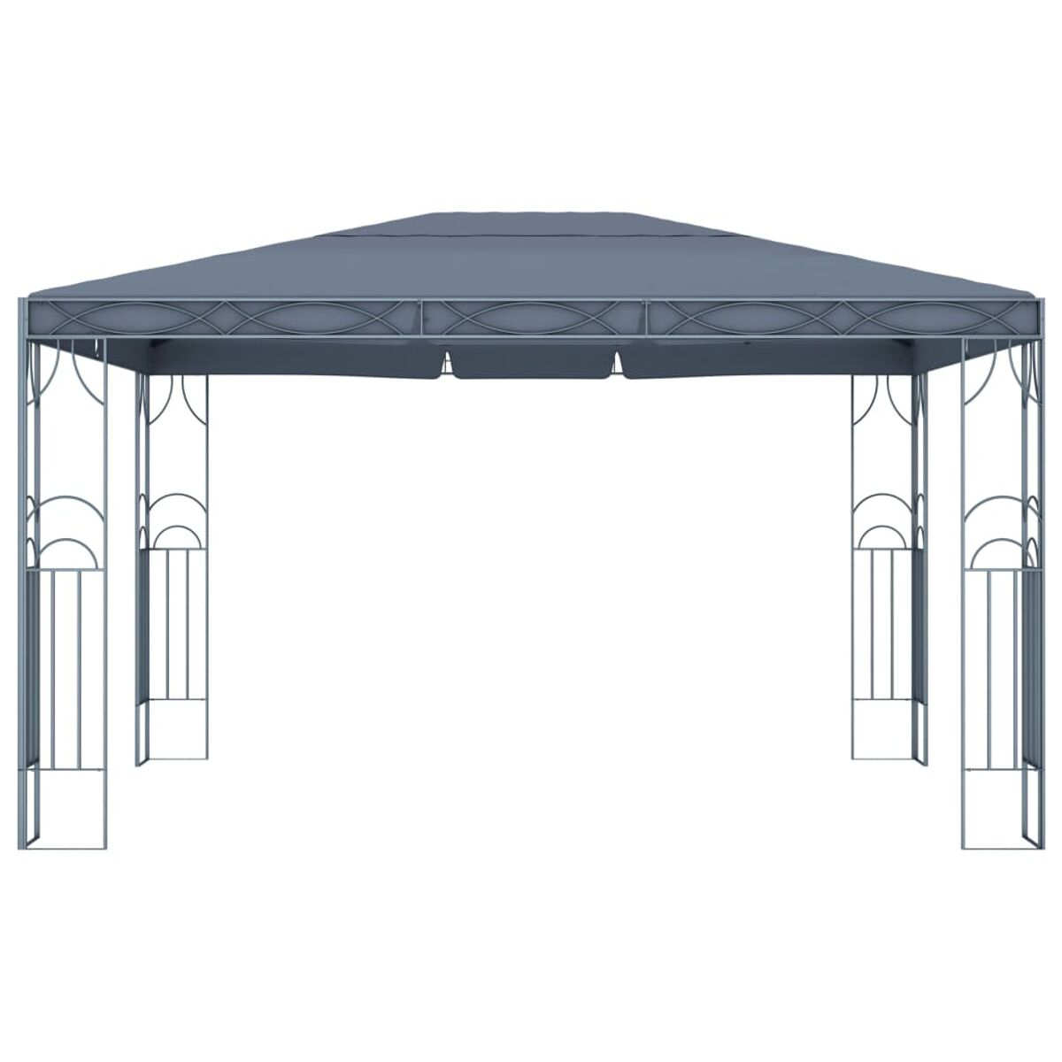 Pavillon mit grauem Baldachin und grauem Metallrahmen. Einfache, offene Struktur.