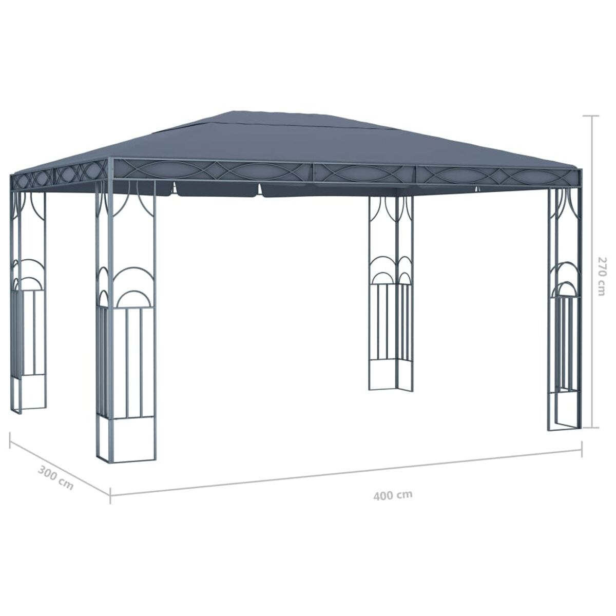 Grauer Pavillon mit beschrifteten Abmessungen. Verfügt über ein graues Verdeck und Metallrahmen.