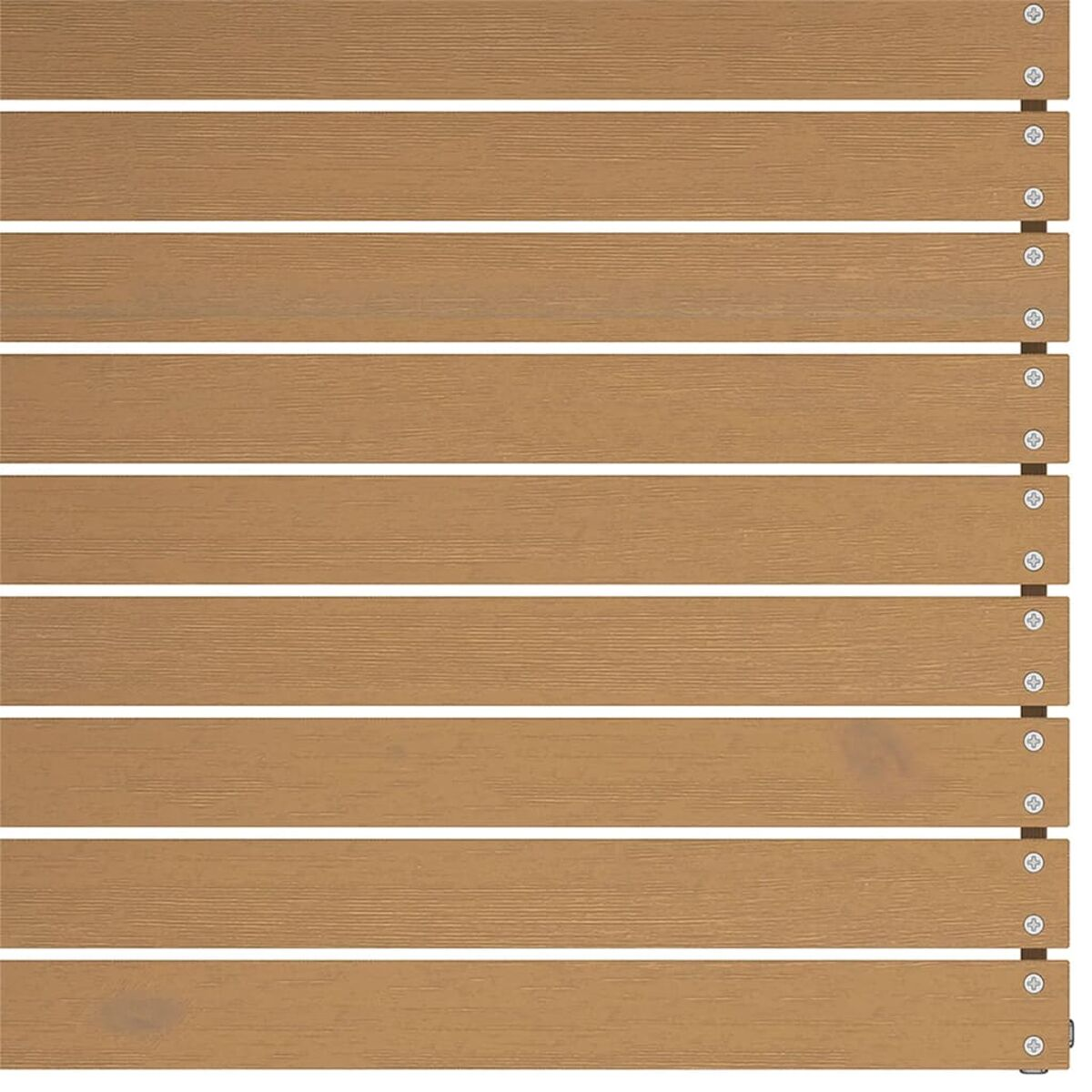 Holzbretter horizontal angeordnet, mit Schrauben befestigt. Das Holz hat eine hellbraune Farbe.
