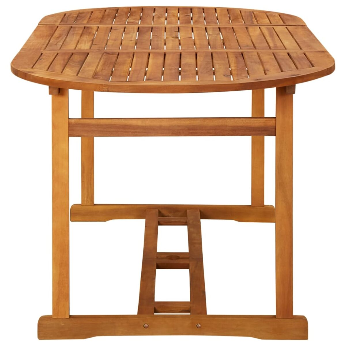 Holztisch mit einzigartigem Tischplatten-Design. Der Tisch hat eine natürliche Holzfarbe und vier Beine.