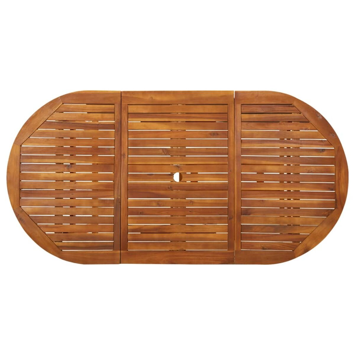 Holz-Tisch für draußen mit Lamellendesign. Der Tisch ist oval geformt.