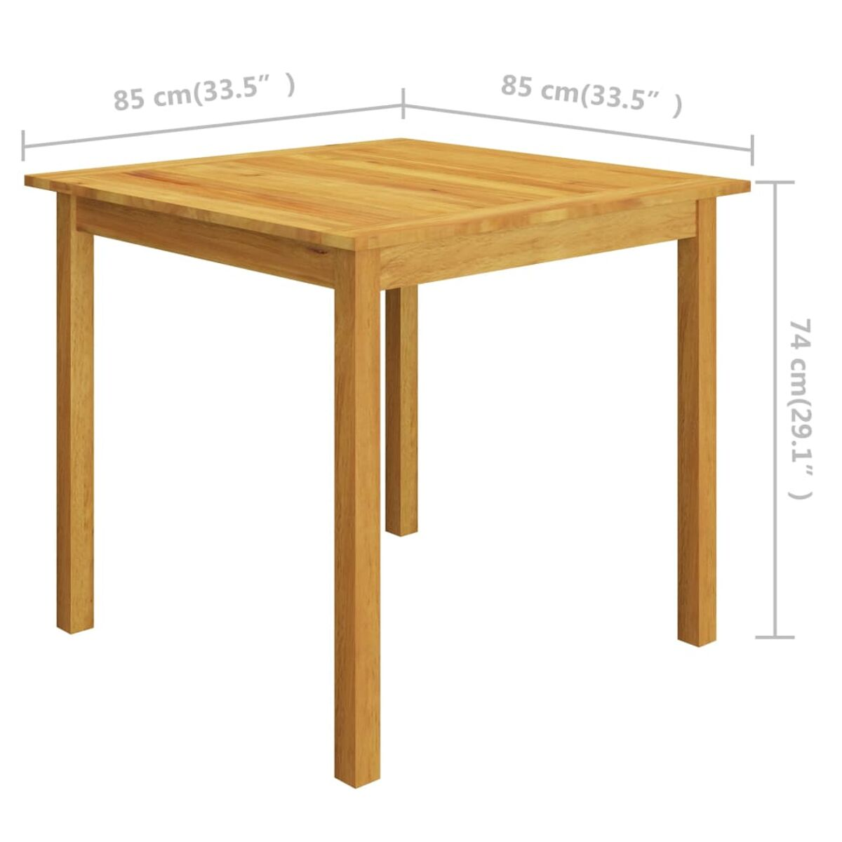 Quadratischer Holztisch mit vier Beinen, Maße: 85cm x 85cm, 74cm hoch.