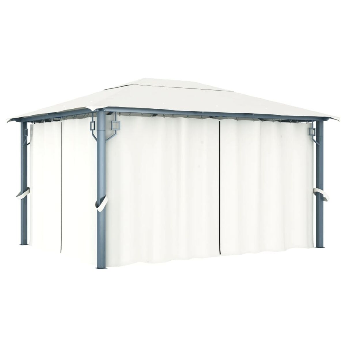Ein weißer Outdoor-Pavillon mit weißen Vorhängen. Der Pavillon ist quadratisch.