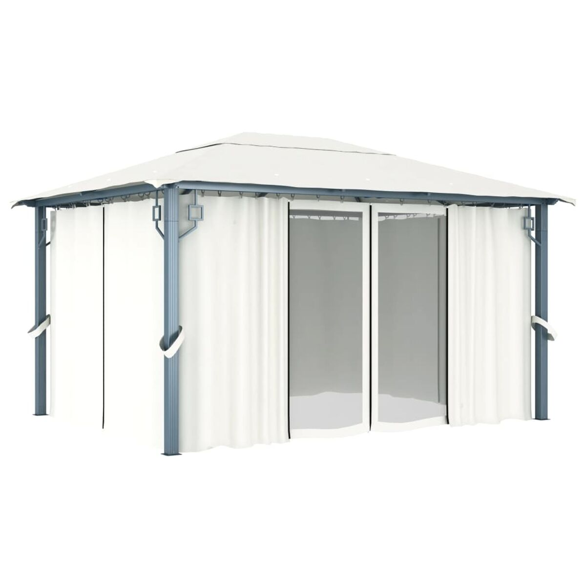 Weißer Pavillon mit Vorhängen. Metallrahmen und Spitzdach.