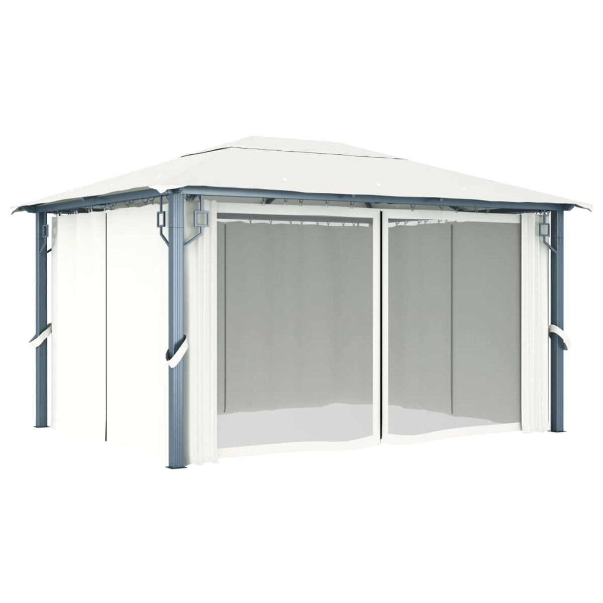 Ein weißer Pavillon mit Vorhängen und grauem Dach, vor hellem Hintergrund.