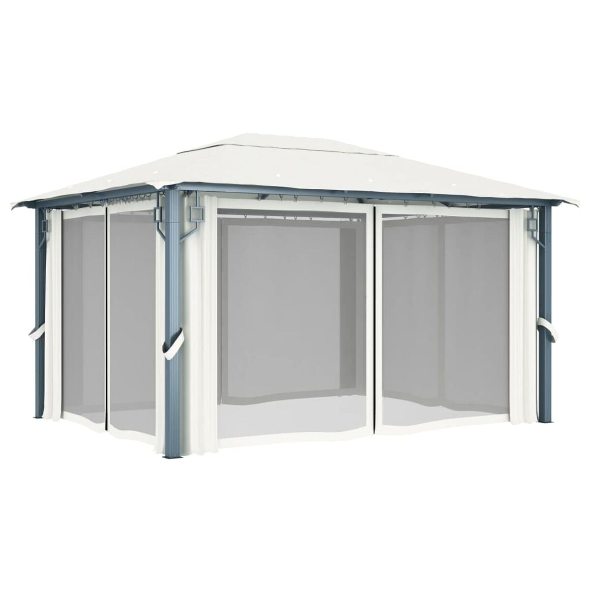 Weißer Pavillon mit grauen Vorhängen. Der Pavillon hat ein weißes Dach und graue Stützbalken.
