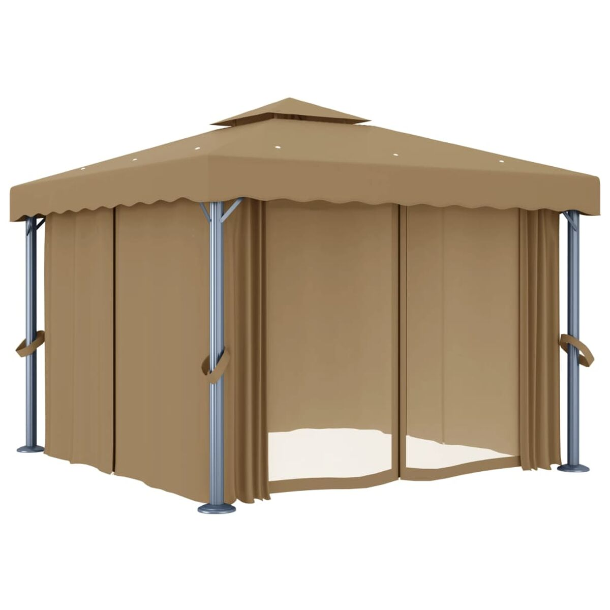 Outdoor-Pavillon mit beigem Stoff und silbernem Metallrahmen, mit Vorhängen. Weißer Hintergrund.