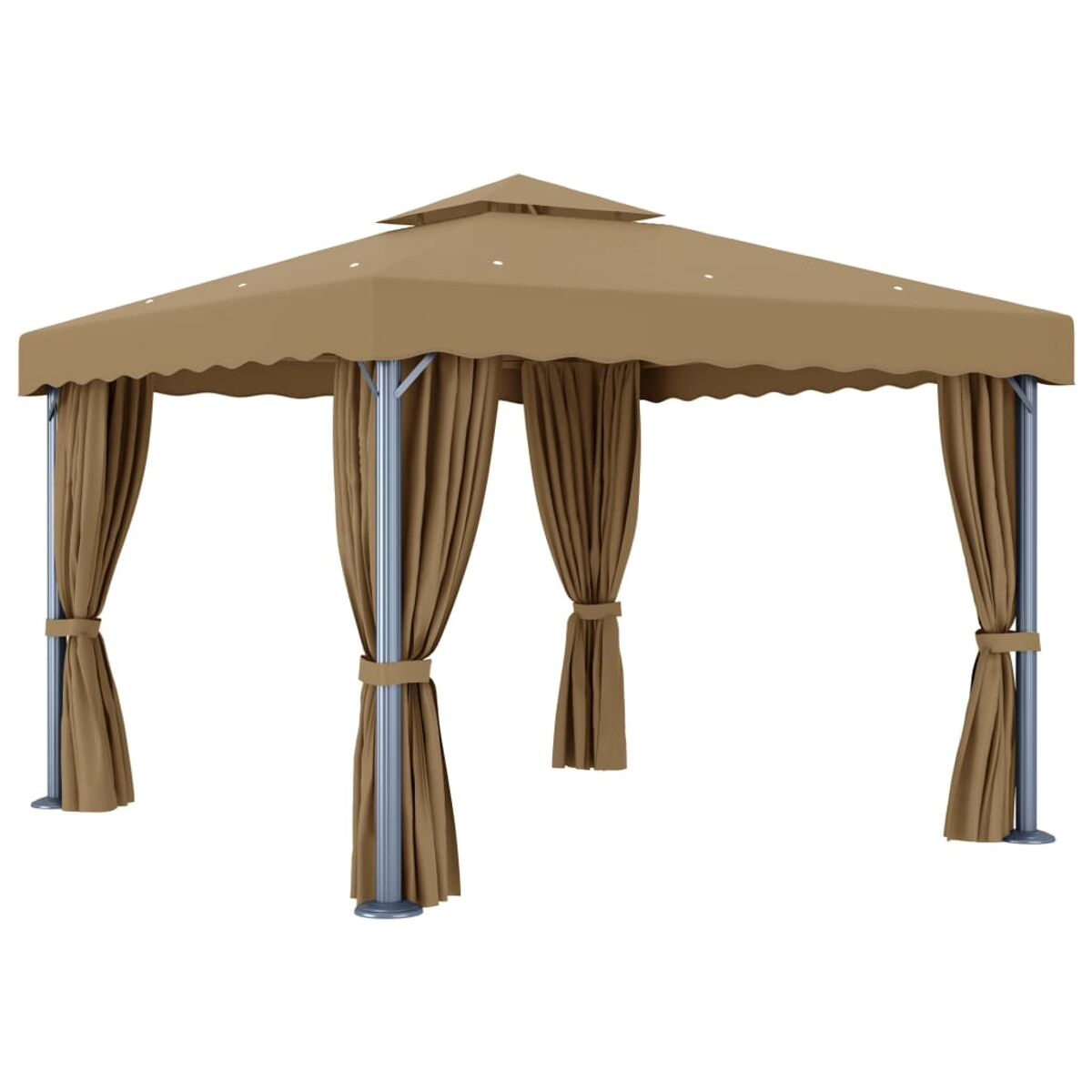 Ein beigefarbener Pavillon mit braunen Vorhängen und quadratischem Dach, vor weißem Hintergrund.