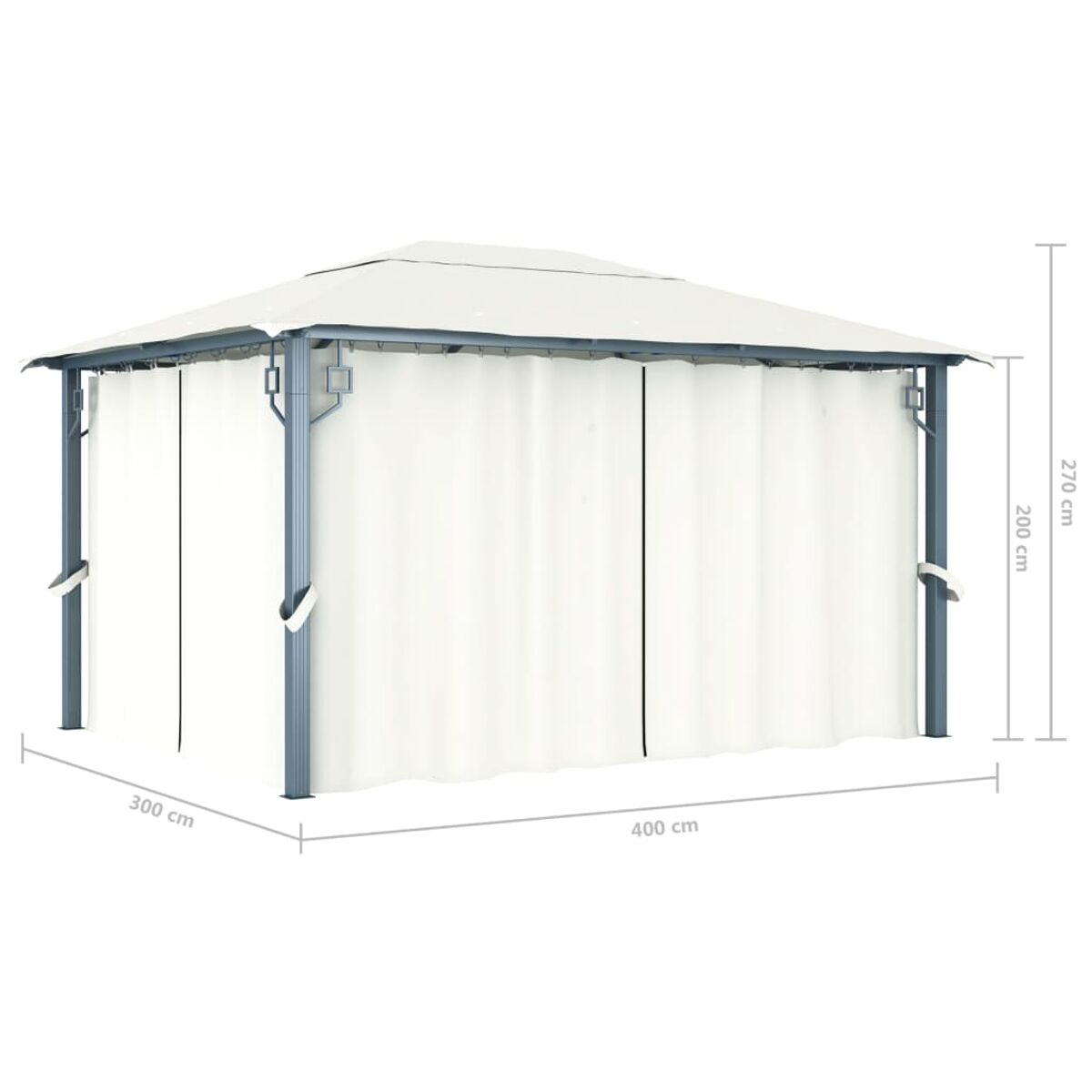 Ein weißer Pavillon mit Vorhängen, Abmessungen 400cm x 300cm x 270cm/200cm.