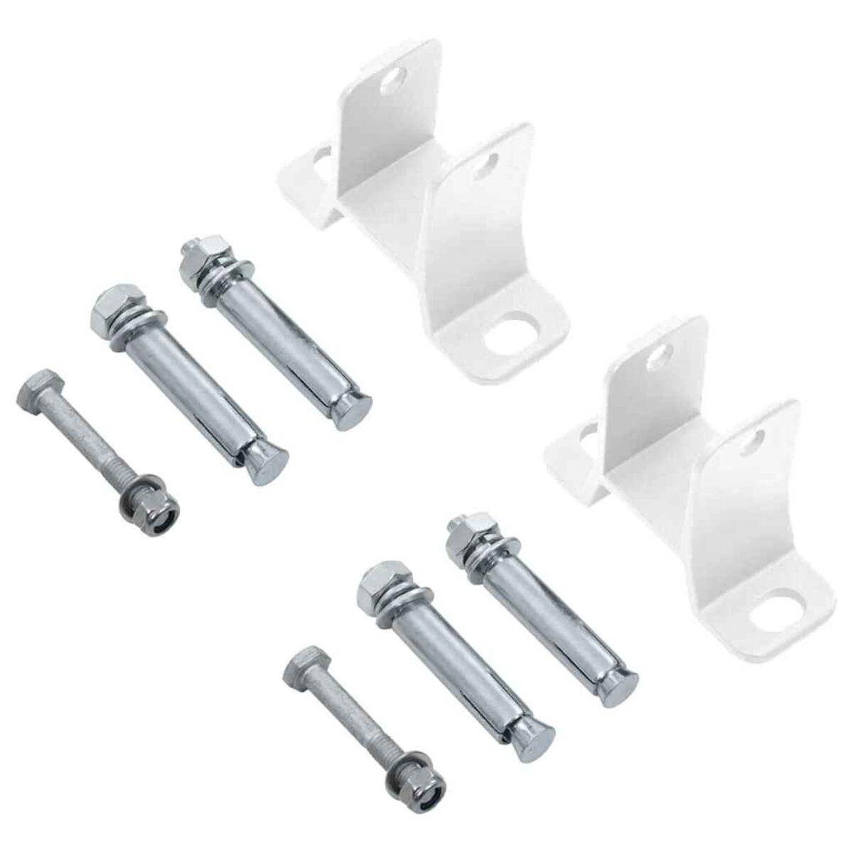 Hardware-Kit mit Schrauben und Halterungen. Enthält weiße Halterungen und Metallschrauben.