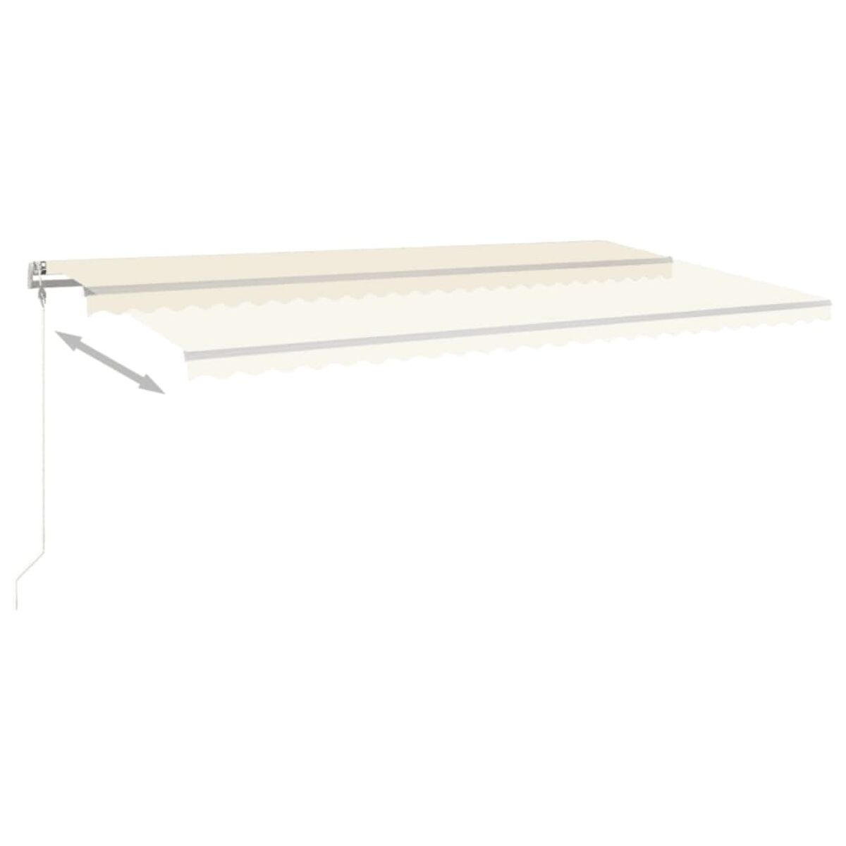 Ausgefahrene beige Markise. Pfeil zeigt Verlängerung an. Gewellter Rand und weißer Rahmen.