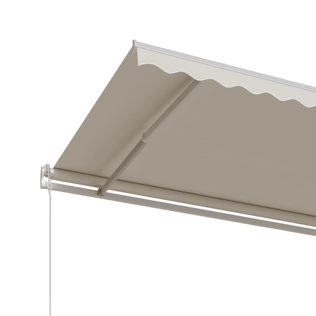 Nahaufnahme einer cremefarbenen Markise, teilweise ausgefahren. Das Design ist modern.