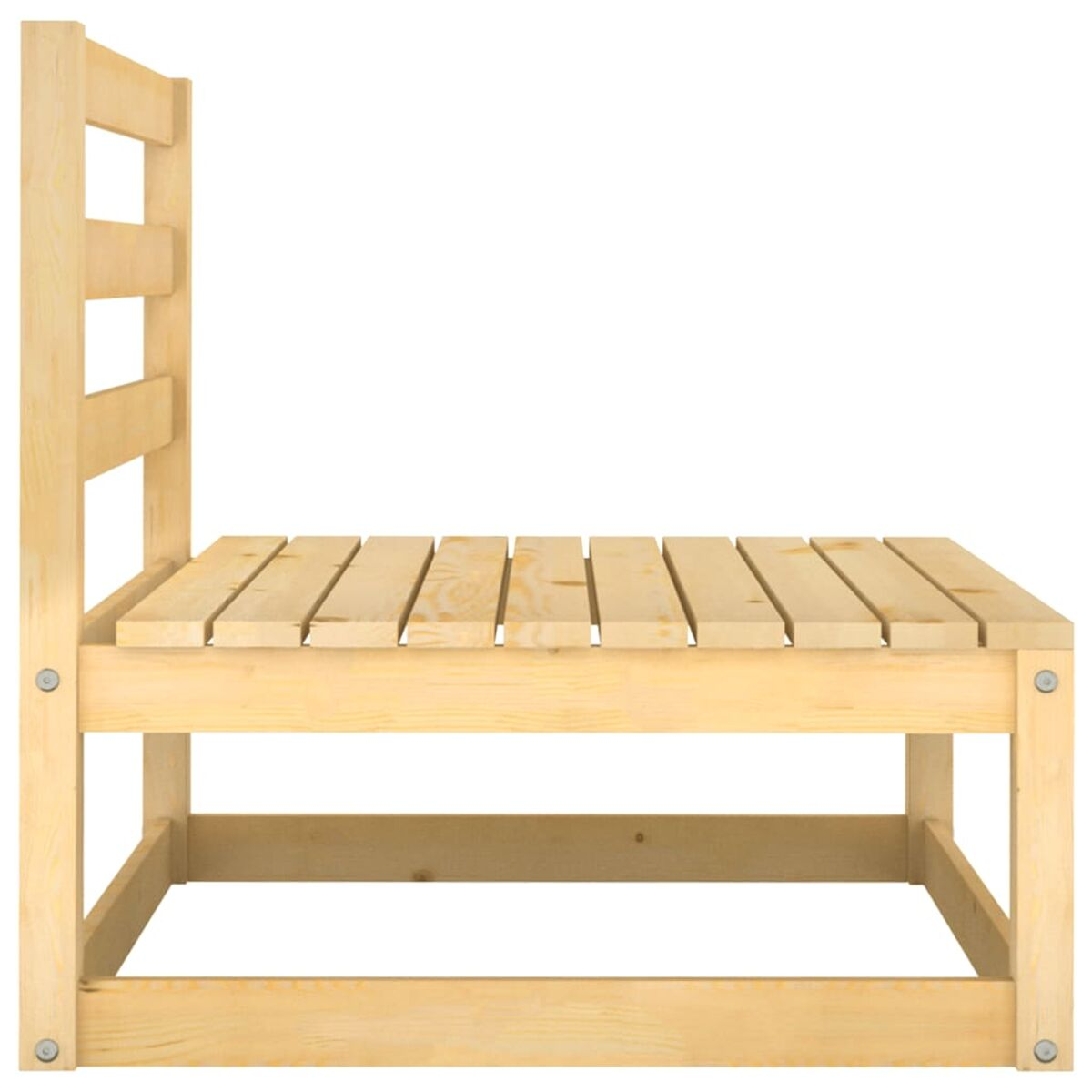 Eine hellbraune Holzbank mit Rückenlehne, Seitenansicht, isoliert.