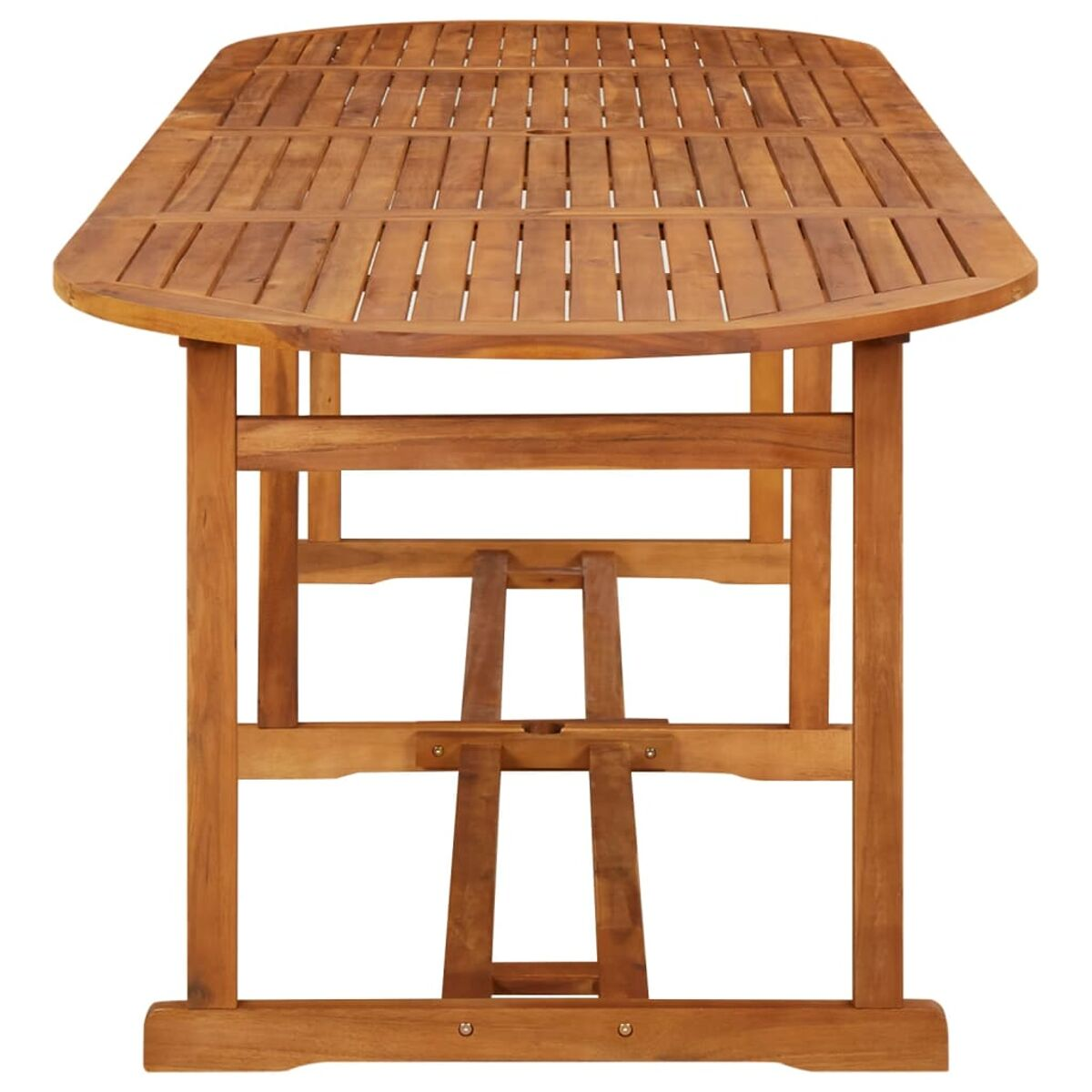 Holztisch mit geschlitzter Oberseite. Vier Beine und Querträger.